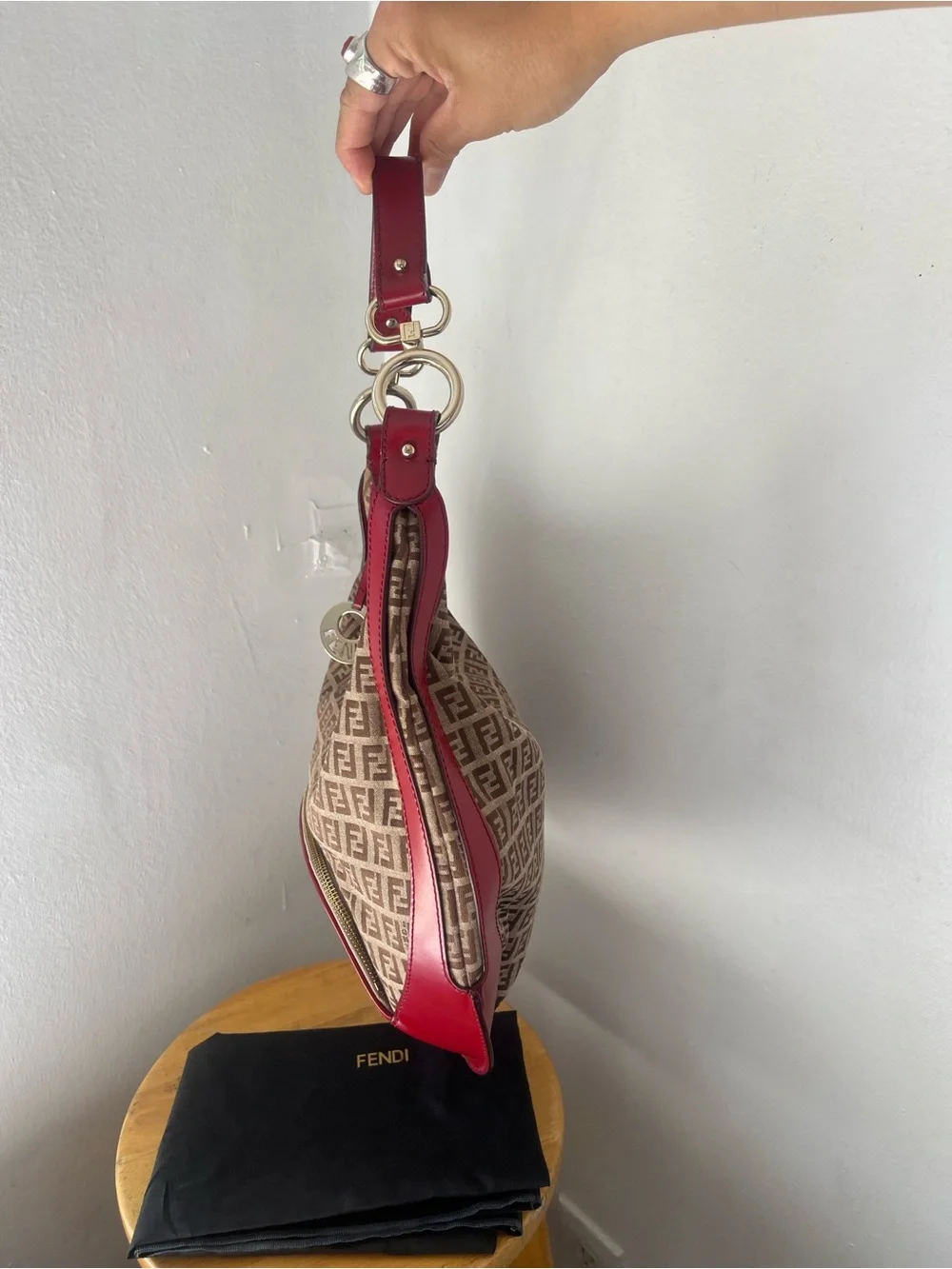 BNWOT vintage Fendi Zucchino FF Brown Monogram canvas Chef hobo bag Red Dust bag